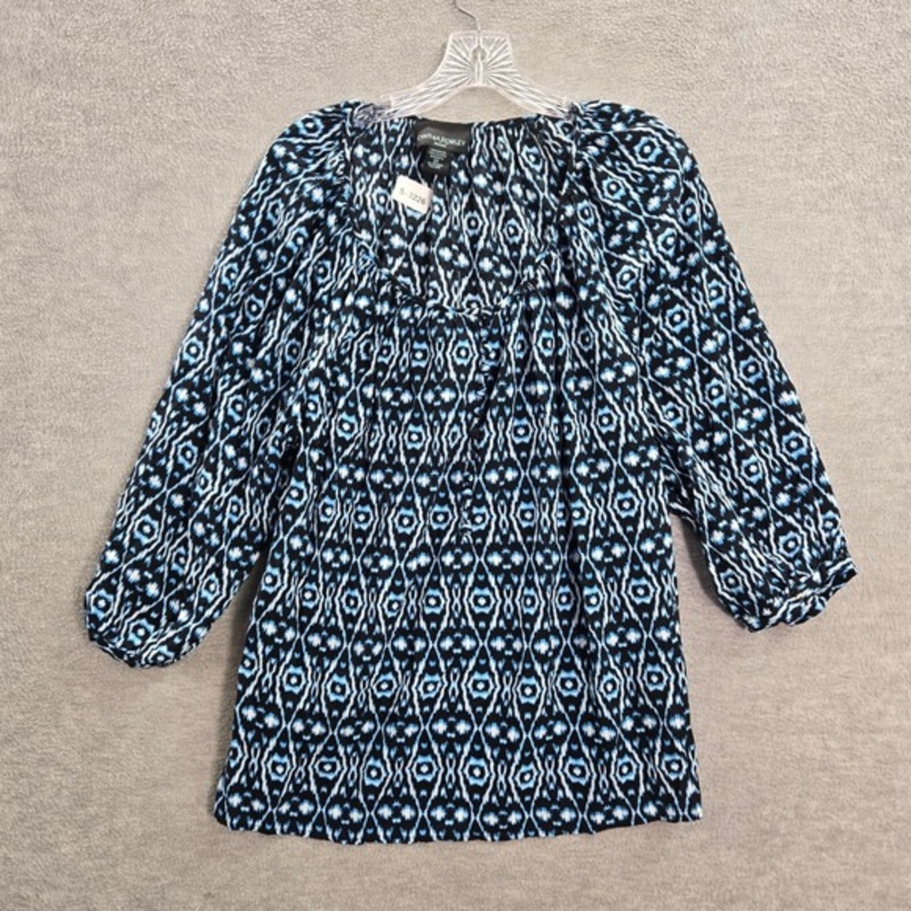 Cynthia Rowley Women Top 2x Blue Geometric Tunic Shirt Long Sleeve